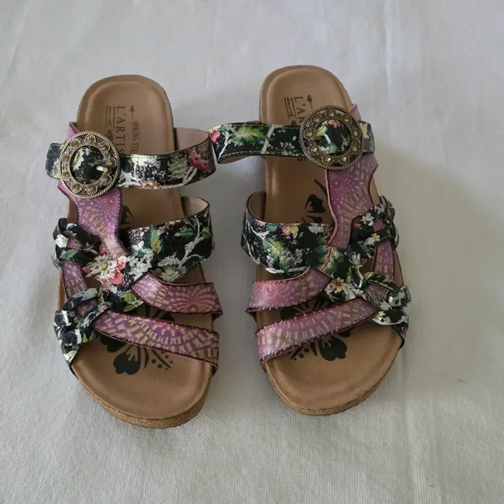 L'Artiste Women's Pink Navy Spring Step Swan Slide Sandals 41 10 Leather Floral - Picture 8 of 8